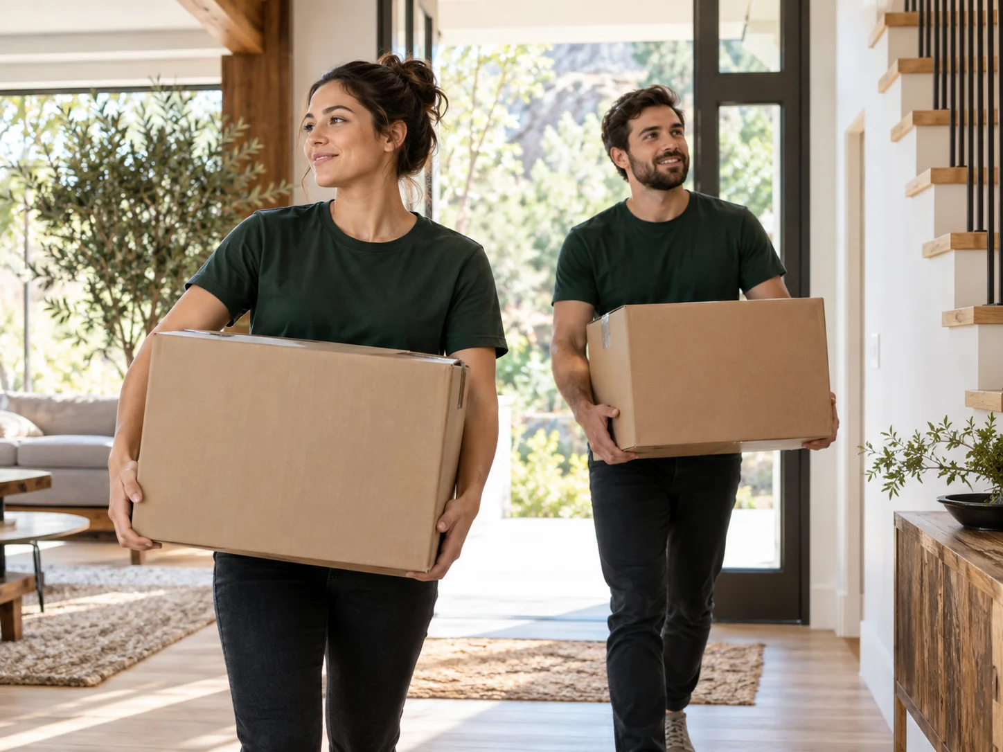 Illustrative scene of movers bringing boxes into a home